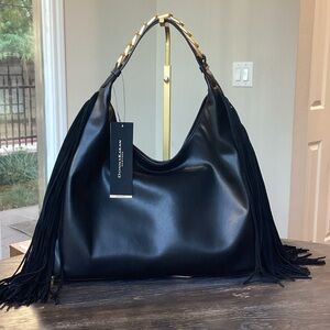 Donna Karan Belmore Small Black Leather Fringe Shoulder Bag